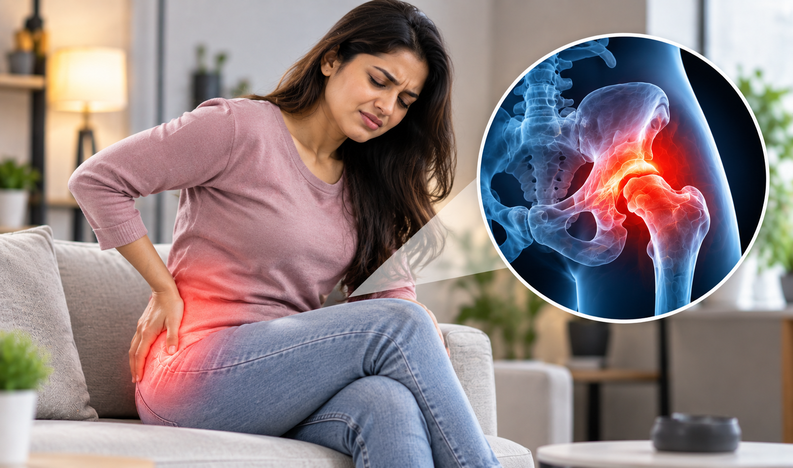 Woman experiencing lower back pain while seated at home
