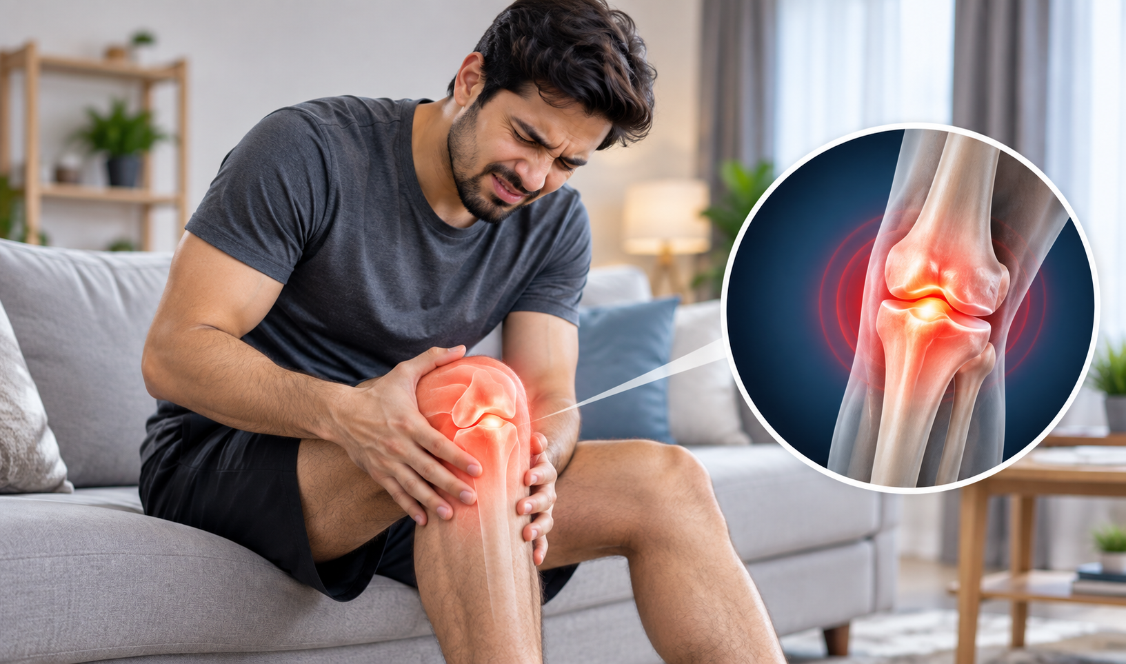 Woman experiencing lower back pain while seated at home