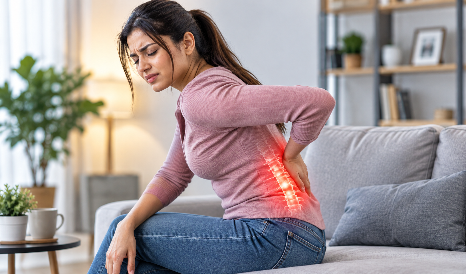 Woman experiencing lower back pain while seated at home