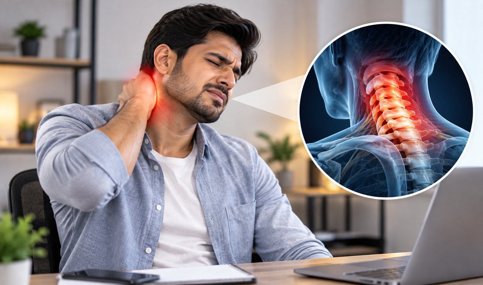 Woman experiencing lower back pain while seated at home