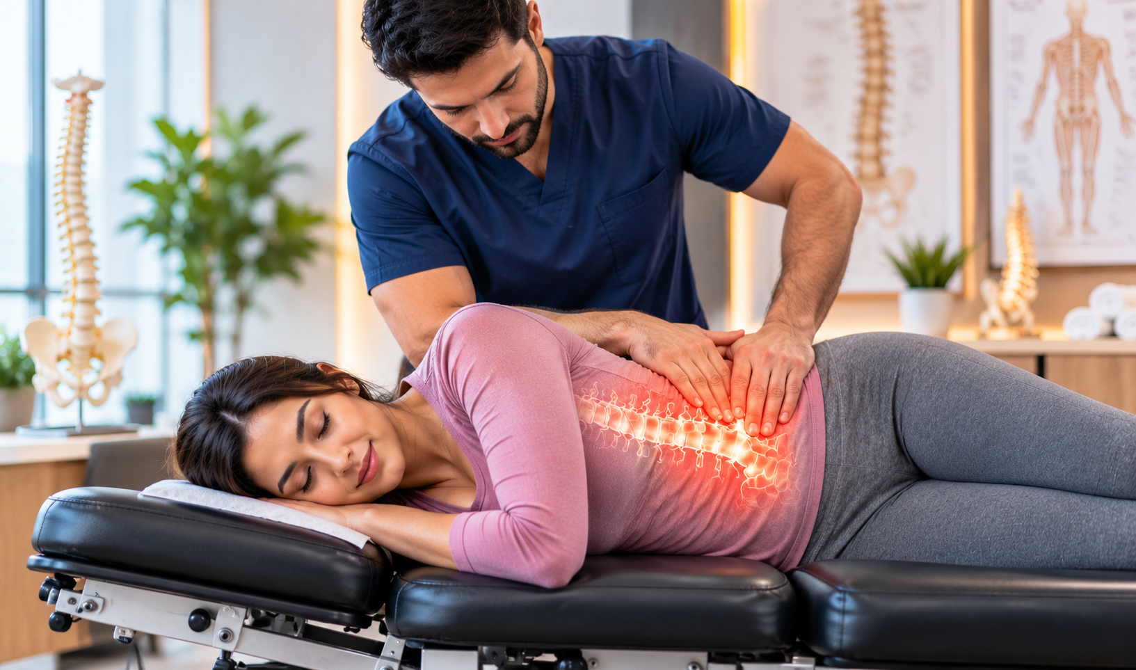 Woman experiencing lower back pain while seated at home