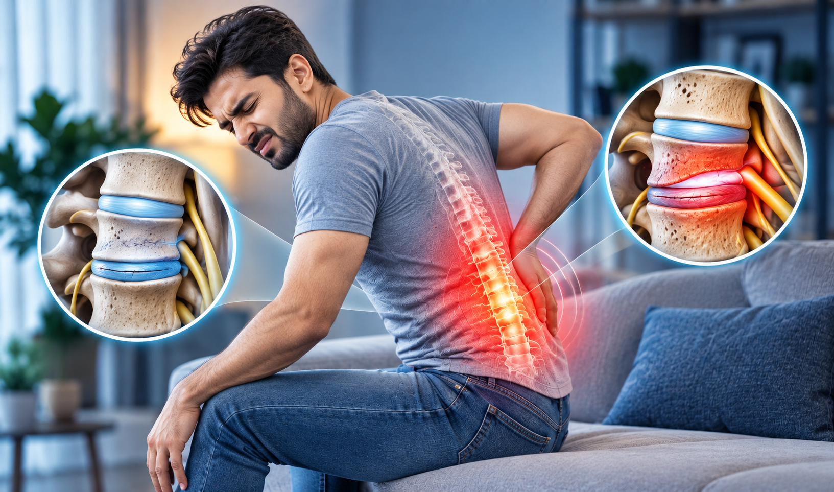 Woman experiencing lower back pain while seated at home