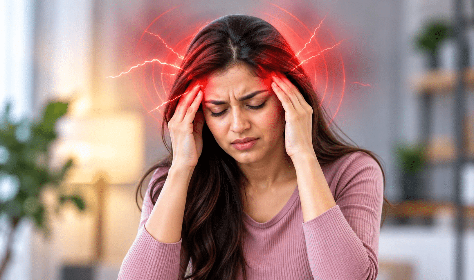 Woman experiencing lower back pain while seated at home
