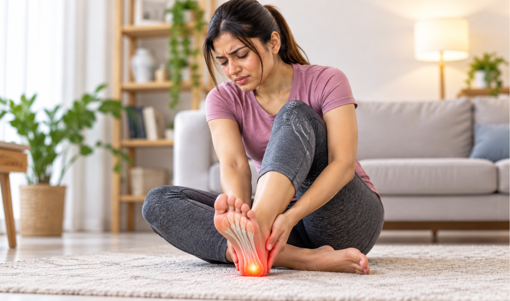 Woman experiencing lower back pain while seated at home