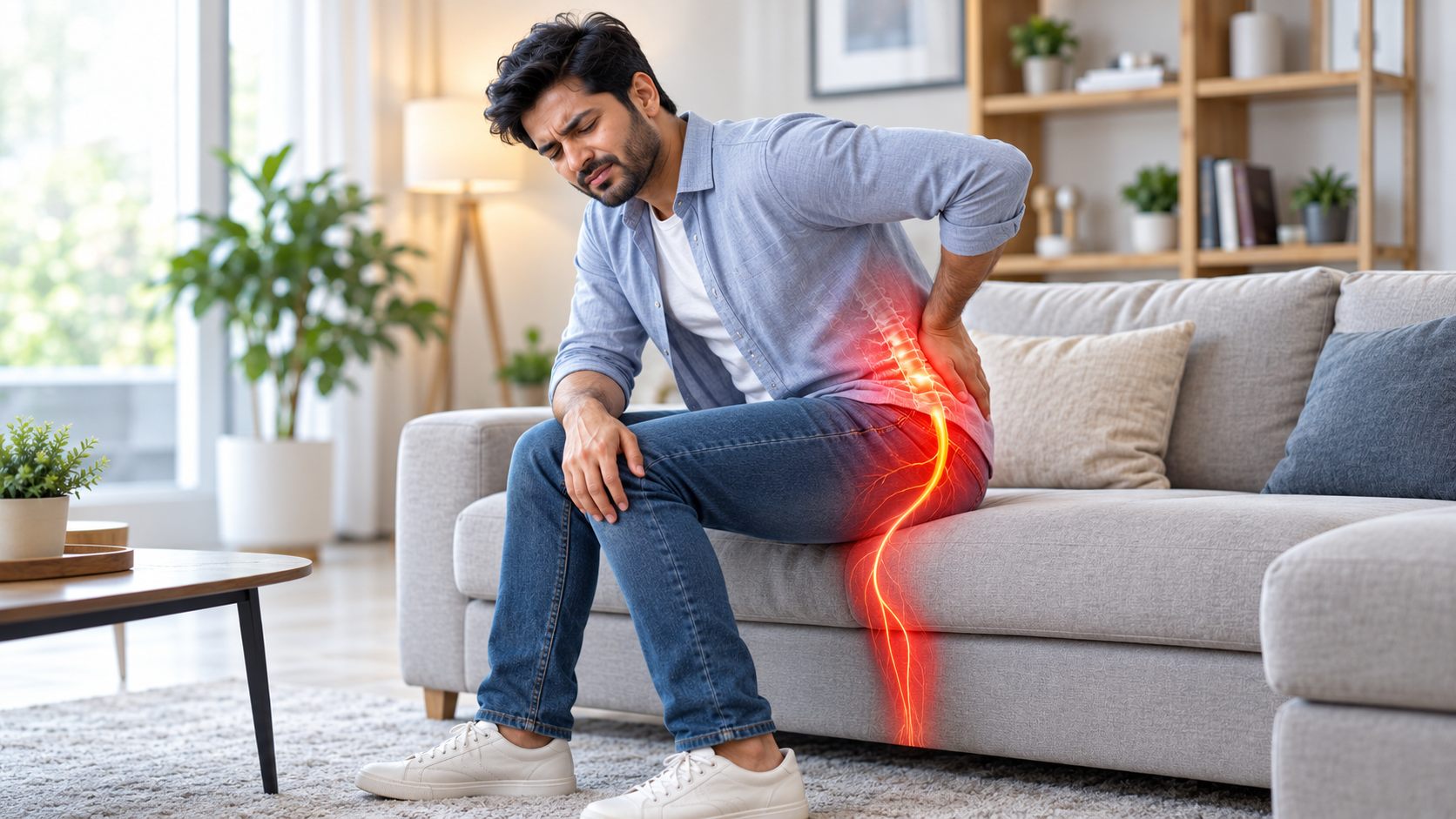 Woman experiencing lower back pain while seated at home